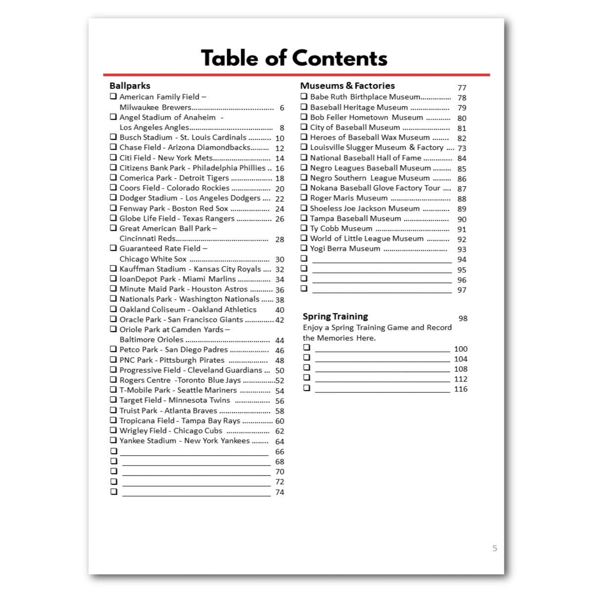 Ballparks of America Bucket Journal-Fillable Printable