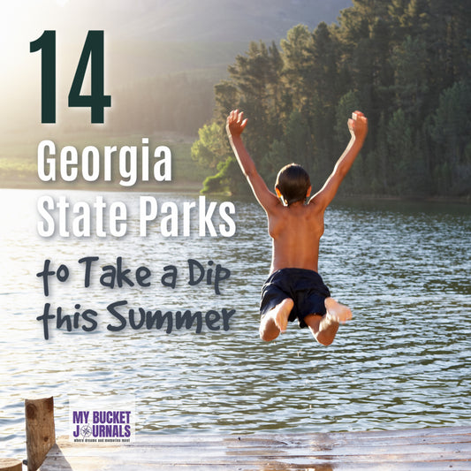 A boy taking a leap from a dock into a lake with text overlay that says 14 Georgia State Parks to Take a Dip this Summer