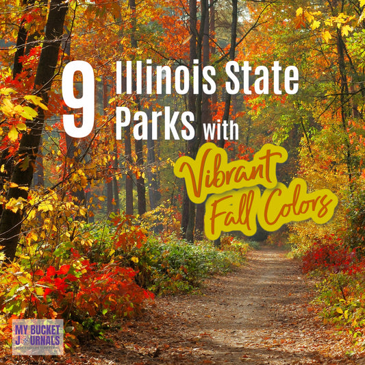 red, gold, and yellow fall leaves in the forest with a text overlay saying 9 Illinois state parks with vibrant fall colors