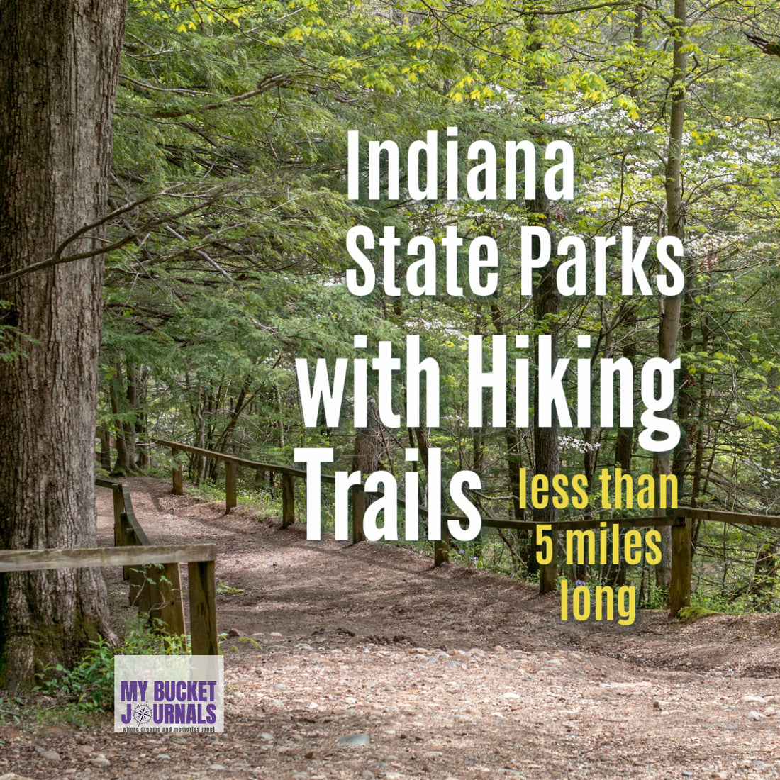 a hiking trail in a wooded area with a text overlay that says Indiana State Parks with Hiking Trails Less than 5 miles long