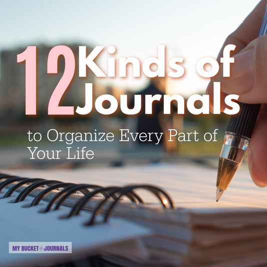 hand with a pen writing in a thick journal with a text overlay saying 12 Journals to organize every part of your life