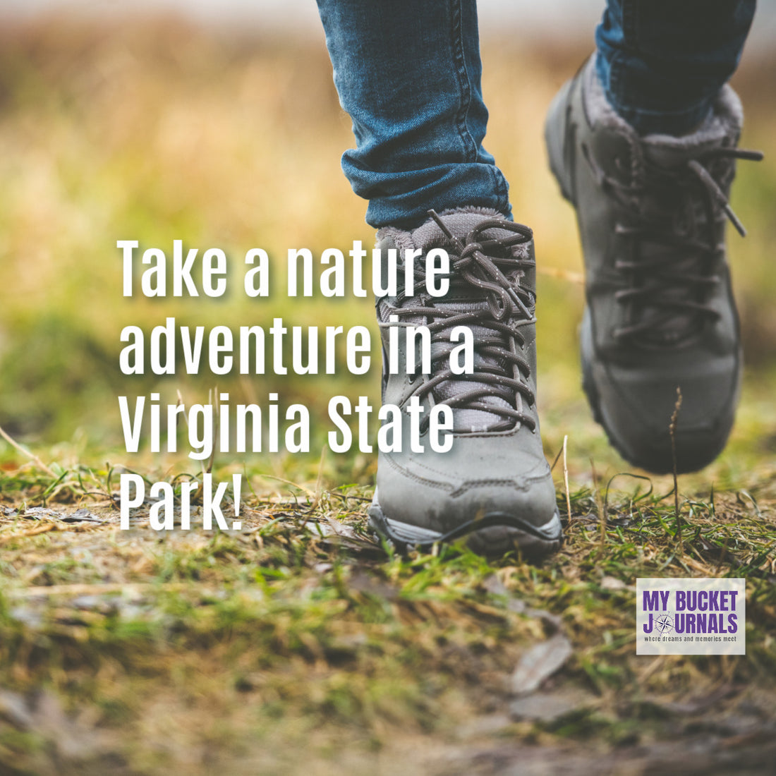 hiking boots in the forest with text overlay saying take a nature adventure in Virginia State Parks