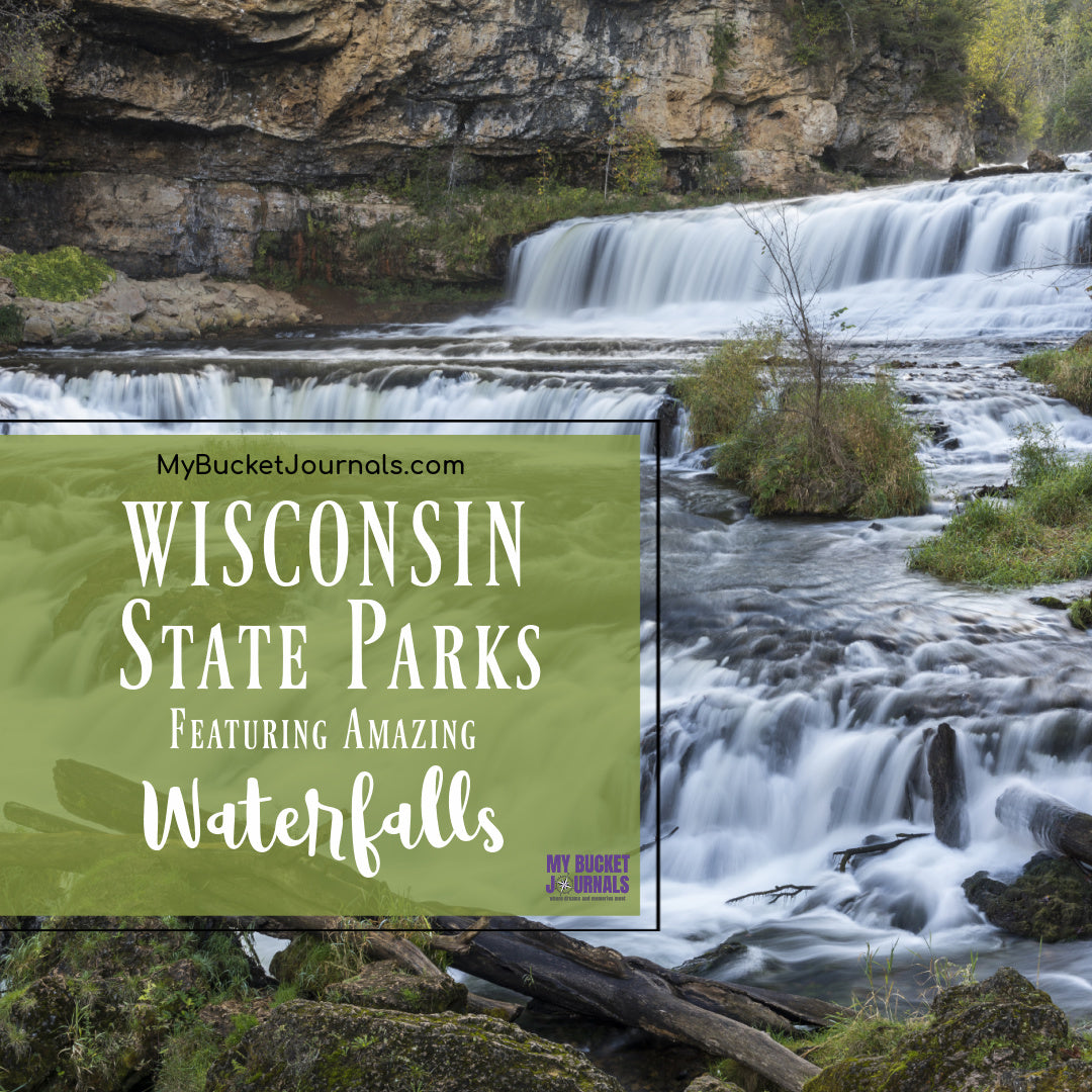 Willow River State Park falls with text overlay - Wisconsin state parks featuring amazing waterfalls