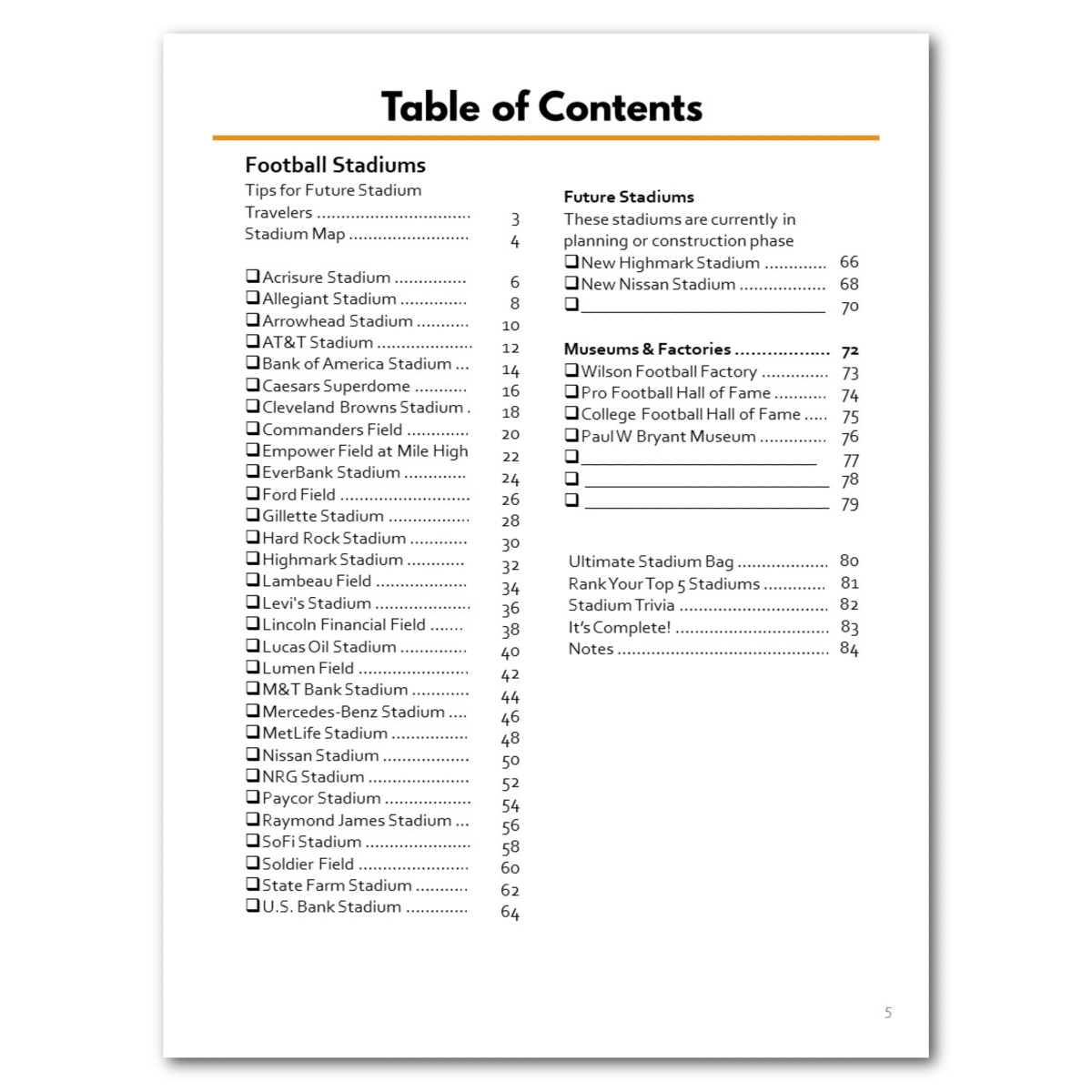 Football Stadiums of America Bucket Journal - Printable