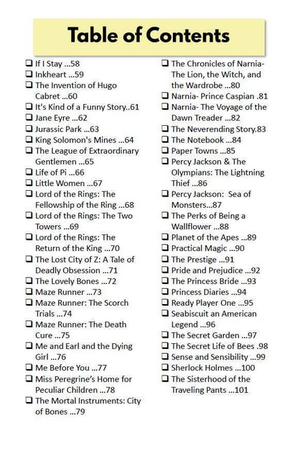 Table of Contents page two for 111 Great Books and Their movies bucket journal for teens