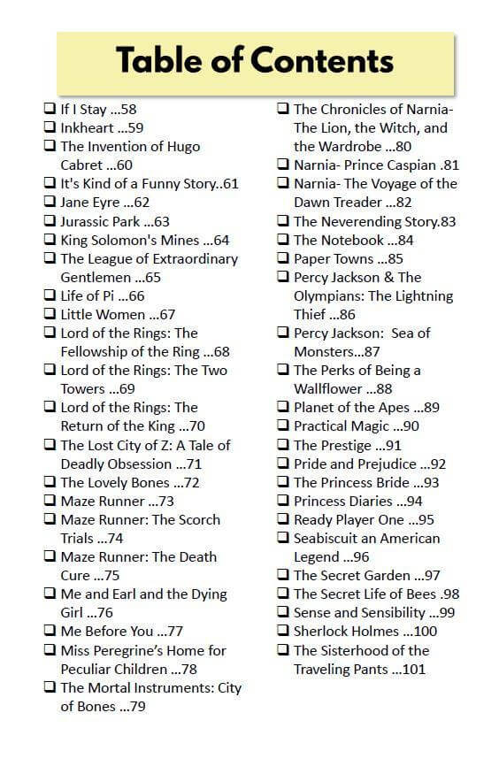 Table of Contents page two for 111 Great Books and Their movies bucket journal for teens