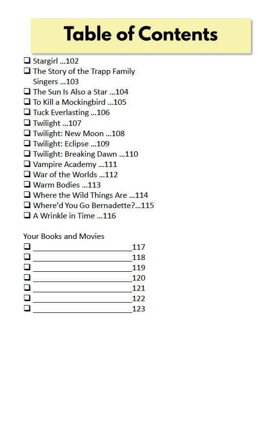 Table of Contents page three for 111 Great Books and Their movies bucket journal for teens