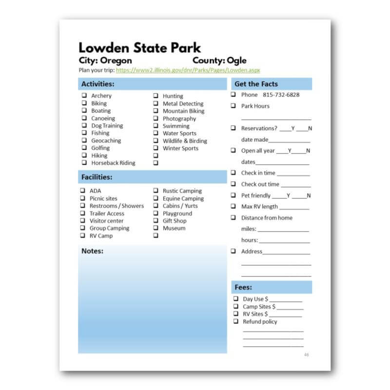 Illinois State Parks Bucket Journal - Printable