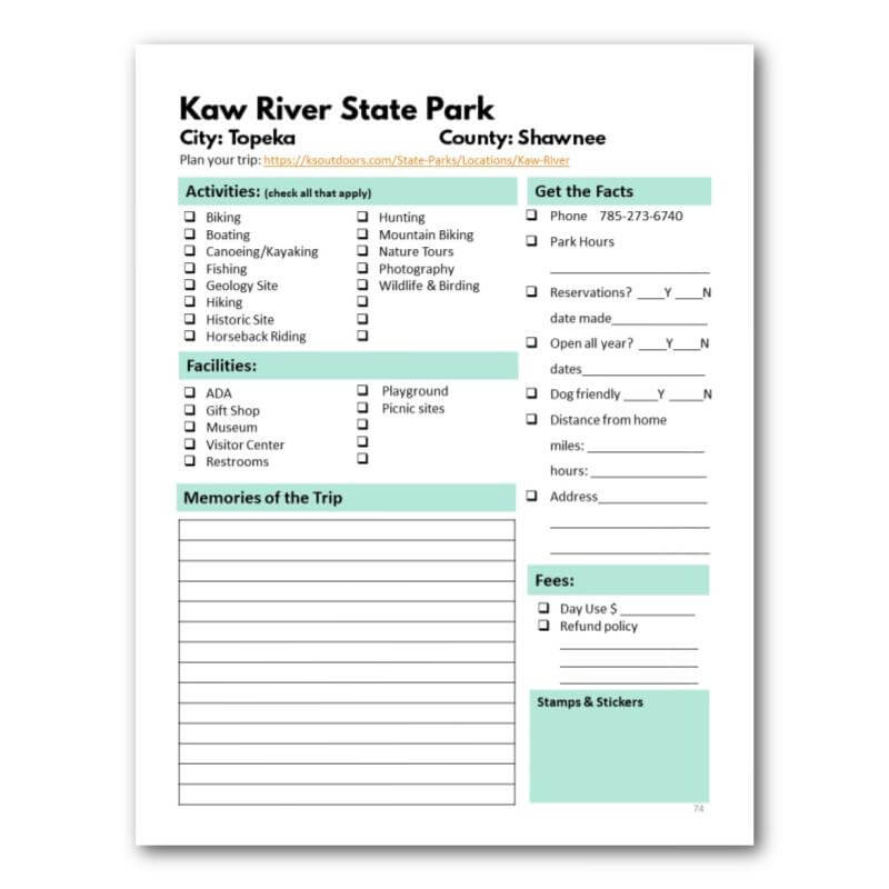 Kansas State Parks Bucket Journal - Printable