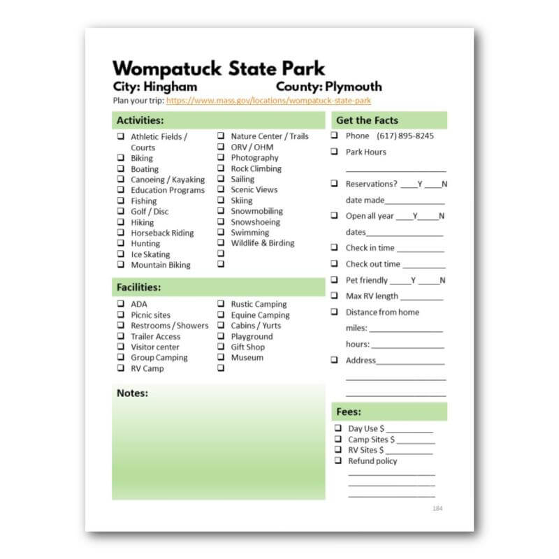 Massachusetts State Parks Bucket Journal - Spiral