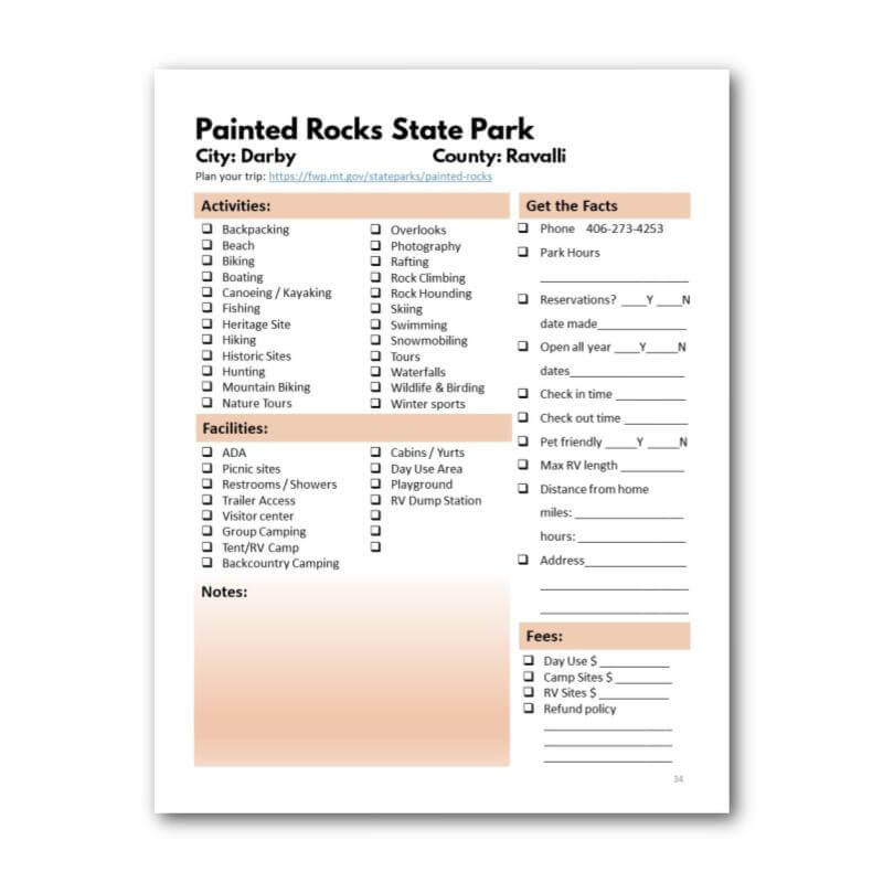 Montana State Parks Bucket Journal - Printable