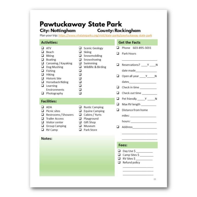 New Hampshire State Parks Bucket Journal - Printable