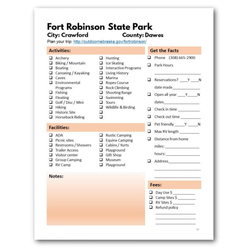 Nebraska State Parks Bucket Journal - Printable