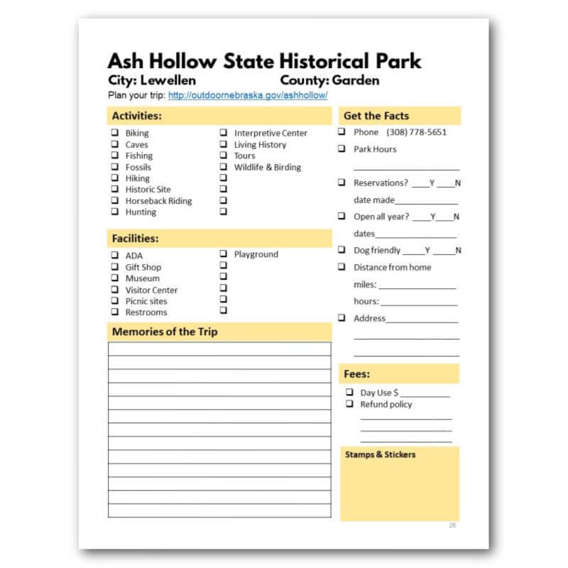 Nebraska State Parks Bucket Journal - Printable