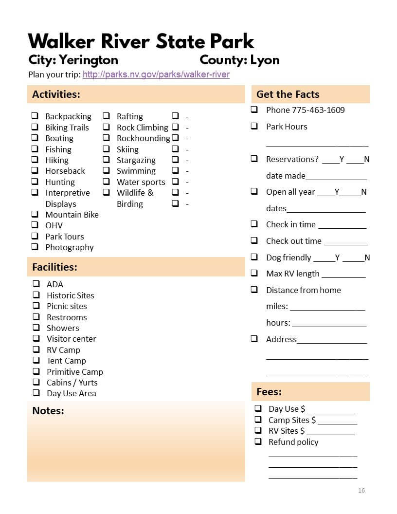 Nevada State Parks & Wilderness Areas Bucket Journal - Printable