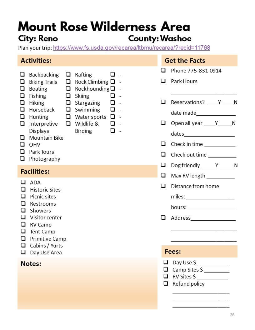 Nevada State Parks & Wilderness Areas Bucket Journal - Printable