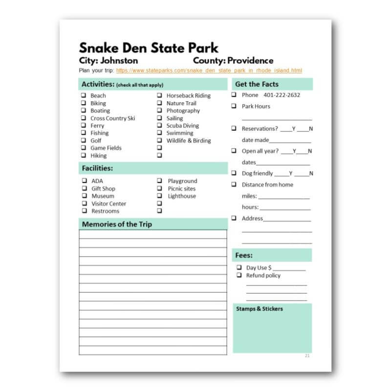 Rhode Island State Parks Bucket Journal - Printable
