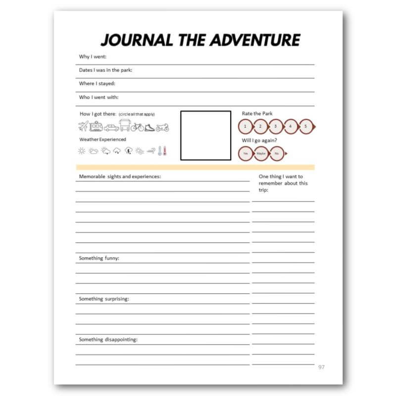 An interior page that says "journal the adventure"  found in the 2021 Edition National Park Bucket Journal