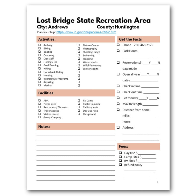 Indiana State Parks Bucket Journal - Printable