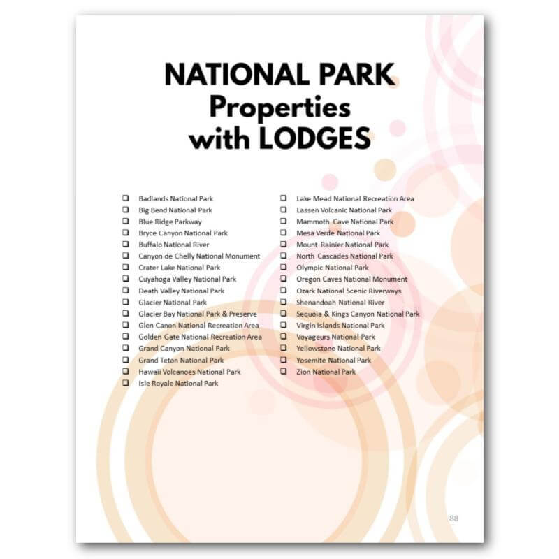 An interior page for national park properties with lodges found in the 2021 Edition National Park Bucket Journal