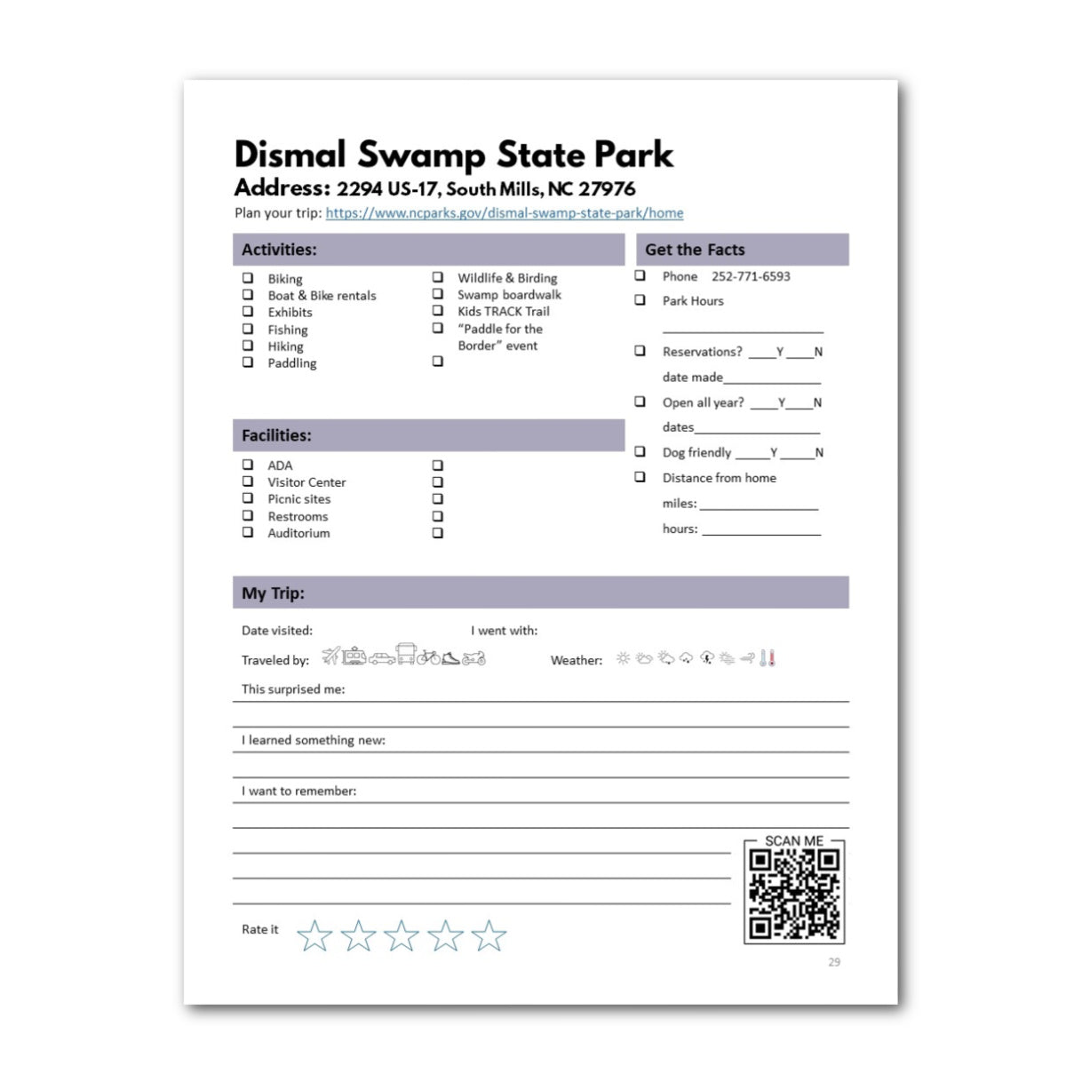 North Carolina State Parks Bucket Journal - Printable
