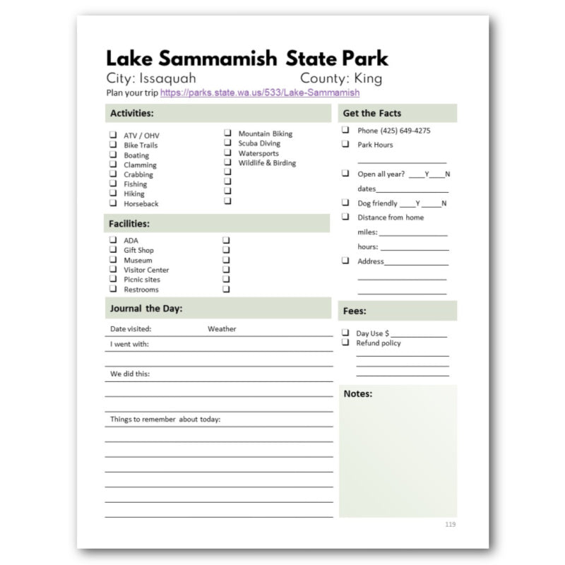 Washington State Parks Bucket Journal - Printable