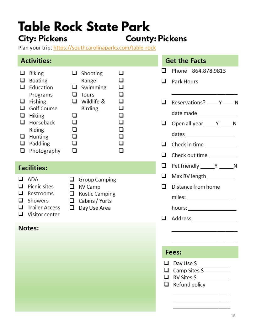 South Carolina State Parks Bucket Journal - Printable