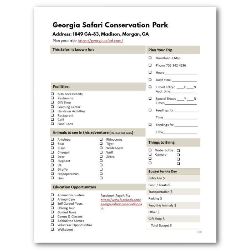 Southeastern States Zoo Bucket Journal - Printable
