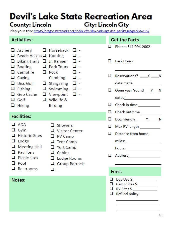 Oregon State Parks Bucket Journal - Printable