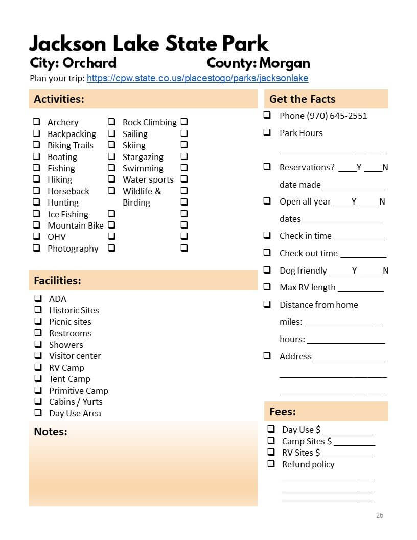 Colorado State Parks & Wildlife Areas Bucket Journal - Printable