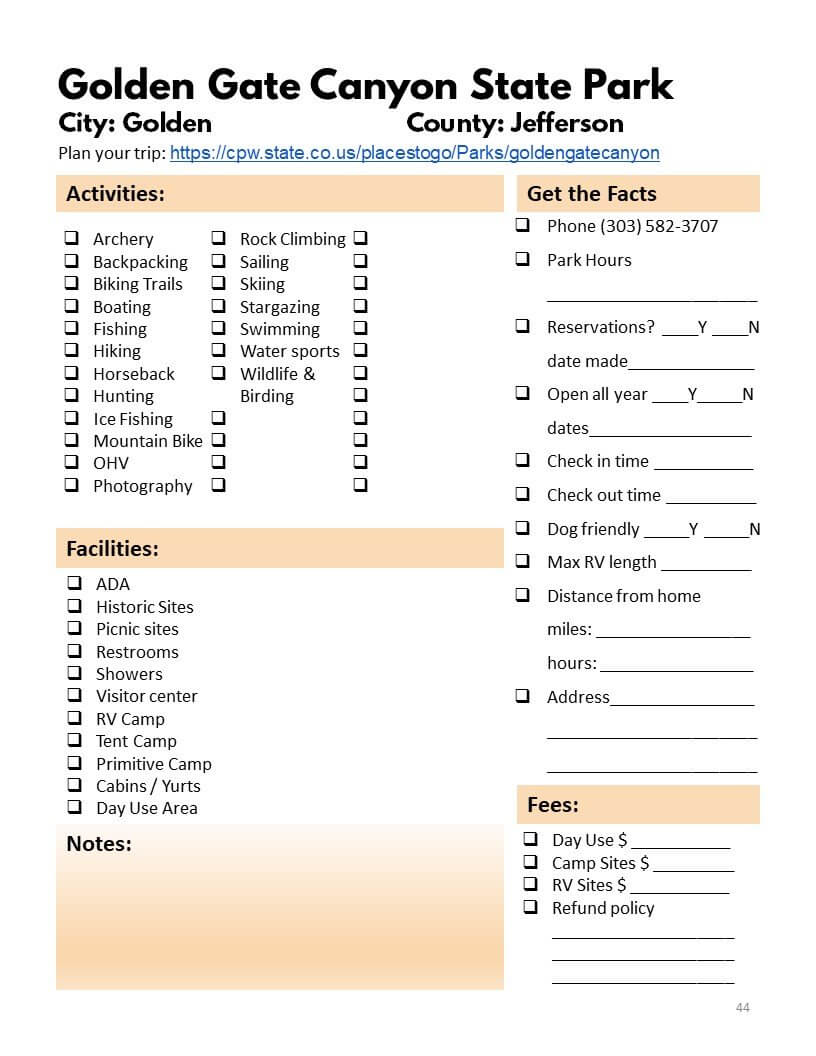 Colorado State Parks & Wildlife Areas Bucket Journal - Printable