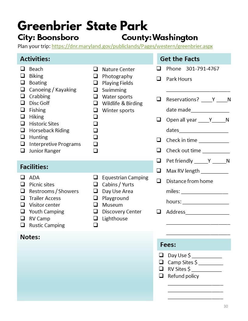 Maryland State Parks Bucket Journal - Printable