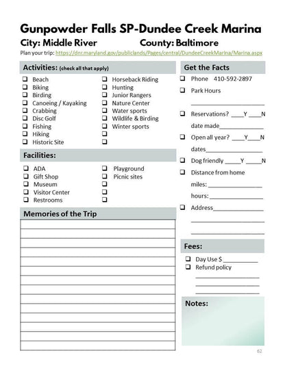 Maryland State Parks Bucket Journal - Printable
