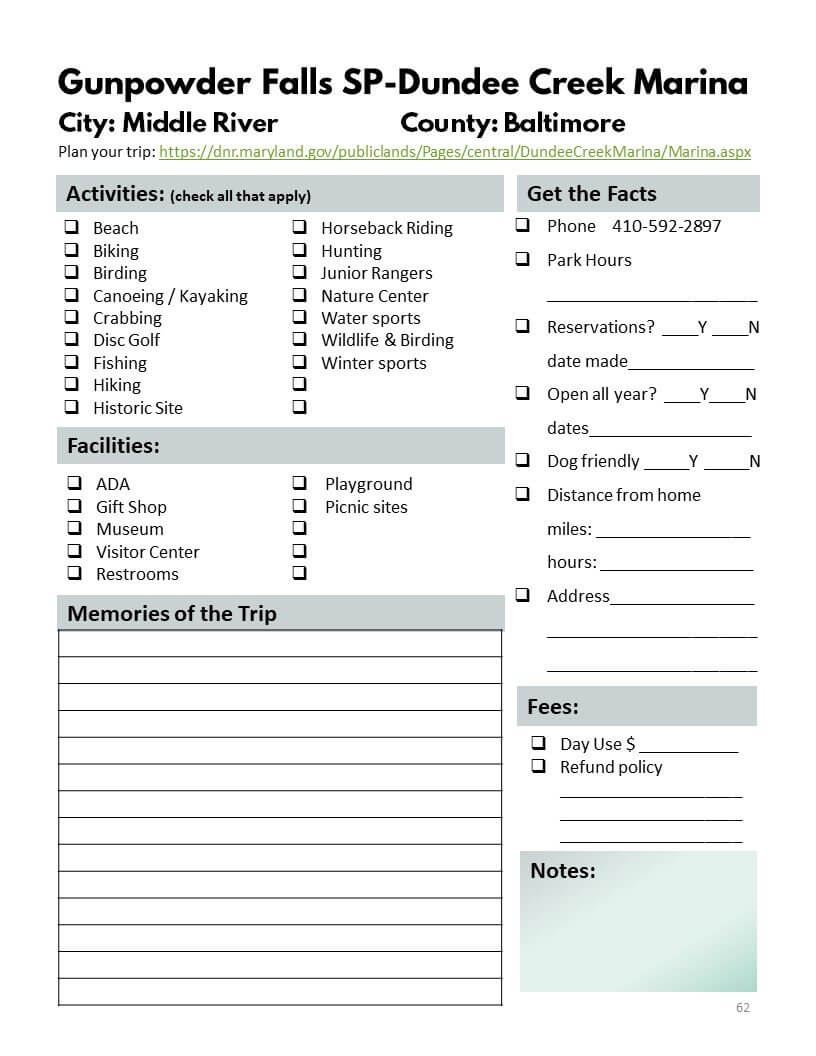 Maryland State Parks Bucket Journal - Printable